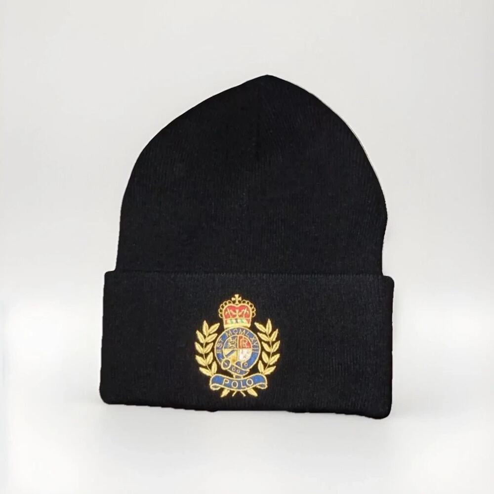 NWT Polo Ralph Lauren "Polo Crest" Beanie 100% Wool Black Winter Hat Skully O/S
